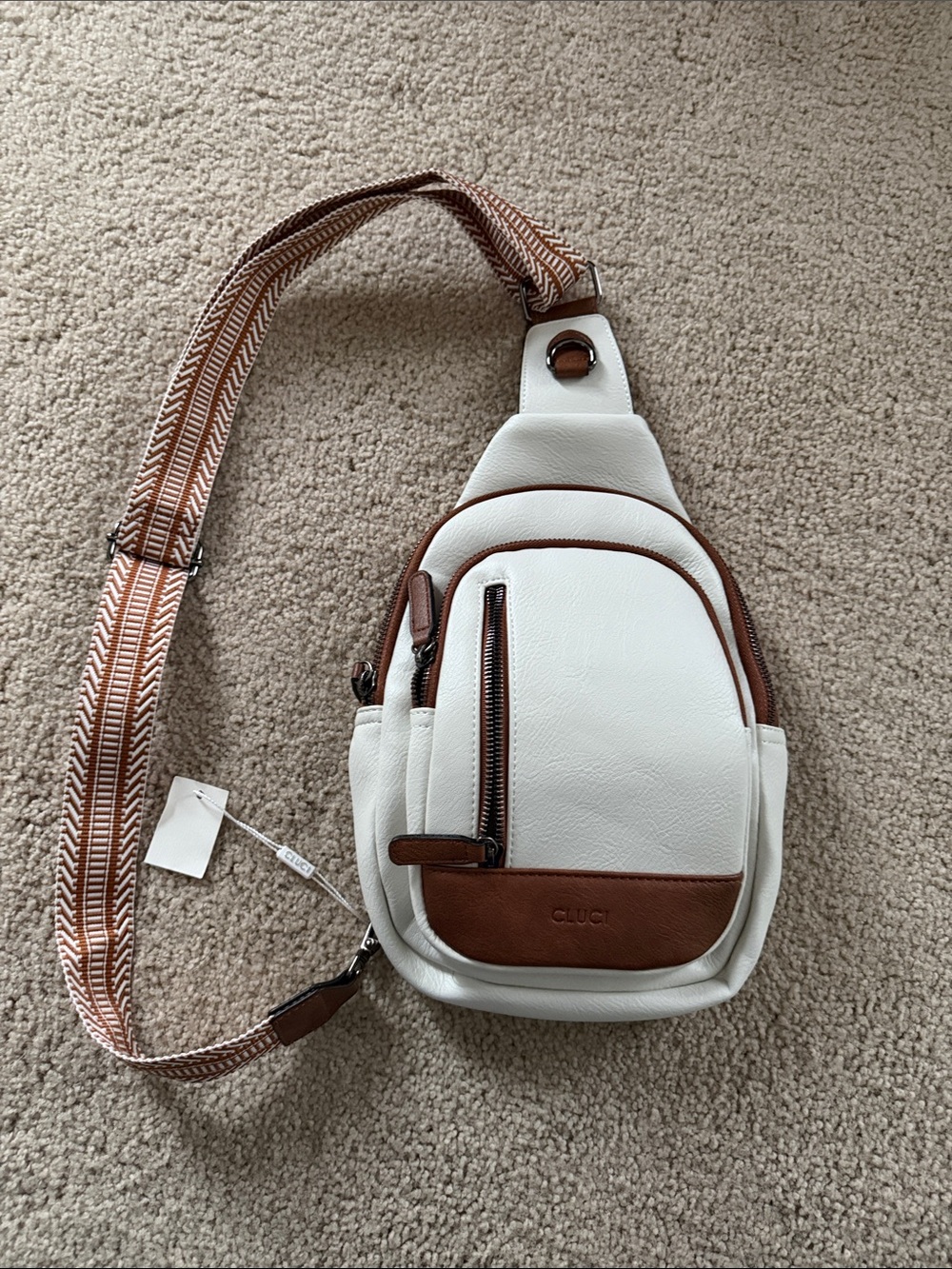 White and Brown Crossbody Sling Bag with Patterned Strap